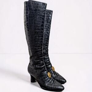 Vintage Gianni Versace Black Croc Embossed Knee High Boots Medusa 36